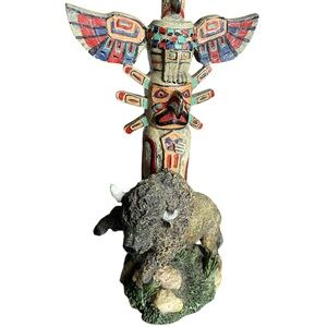 Native American Style Totem Pole with Buffalo Figurine
